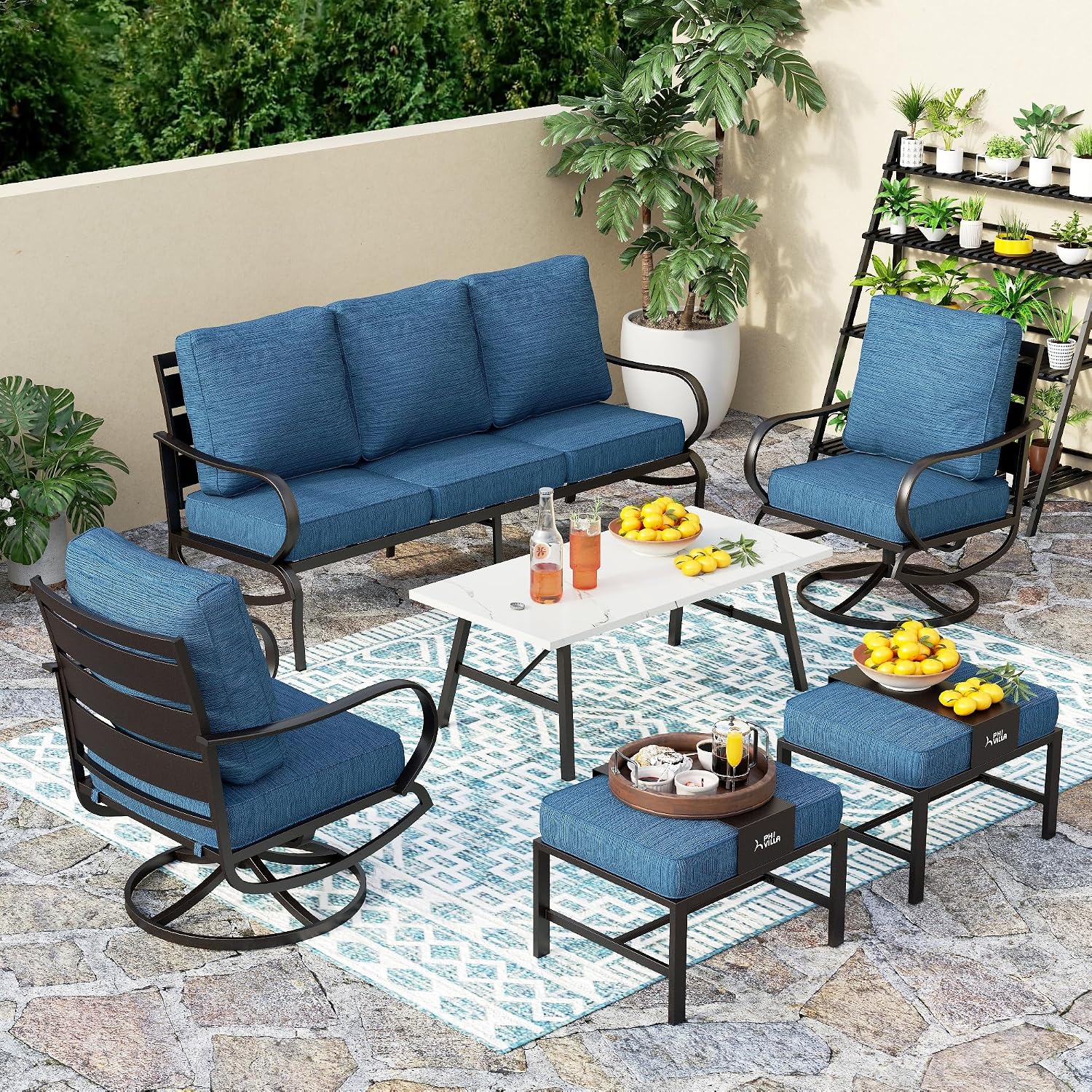 PHI VILLA 6 Piece Patio Furniture Sets with 1 x 3-Seat Deep Seating Bench, 2 x Cushioned Swivel Sofa Chairs, 1 x Coffee Table & 2 Ottoman, Outdoor Metal Conversation Set for Lawn Garden, Peacock Blue