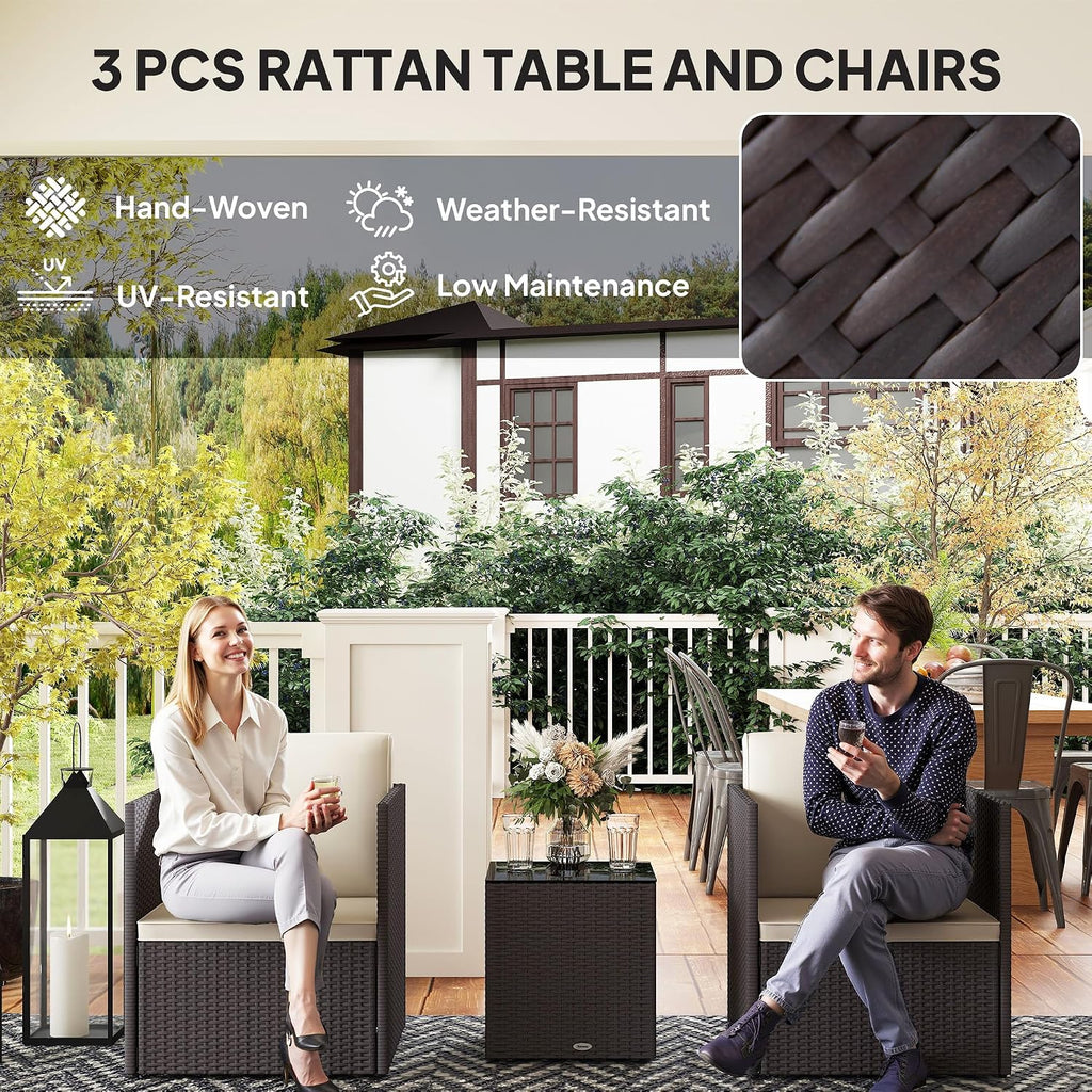 Outsunny 3 Piece Patio Furniture Set, Folding Outdoor Wicker Bistro Set with Washable Cushions, Adjustable Feet, and Glass Coffee Table, Easy Assembly for Garden, Balcony, Poolside, Backyard, Brown