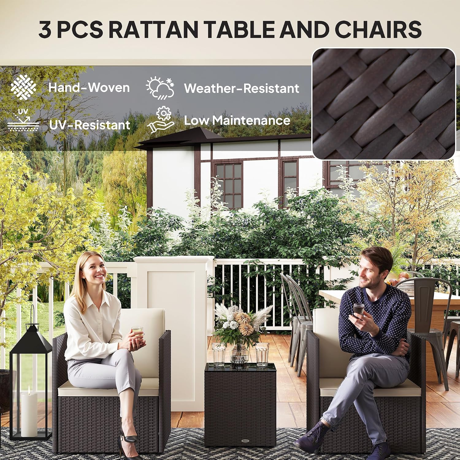 Outsunny 3 Piece Patio Furniture Set, Folding Outdoor Wicker Bistro Set with Washable Cushions, Adjustable Feet, and Glass Coffee Table, Easy Assembly for Garden, Balcony, Poolside, Backyard, Brown
