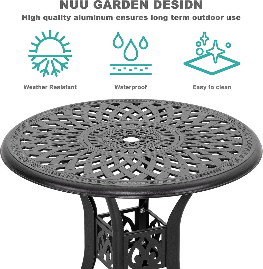 NUU GARDEN 3 Pieces Outdoor Patio Bistro Set, Cast Aluminum Patio Set with Umbrella Hole All-Weather Small Patio Table and Chairs for Balcony, Patio, Black and Beige Cushion