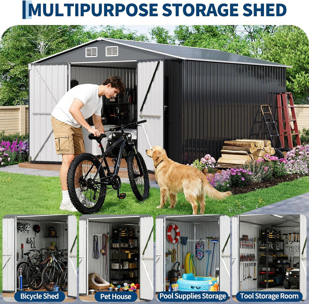 GarveeLife 12 X 10 ft Outdoor Storage Shed, Metal Garden Sheds & Outdoor Storage with Updated Frame Structure, Backyard Garden Terrace Tool Shed for Backyard, Lawn, Patio, Bike Storage, Gray
