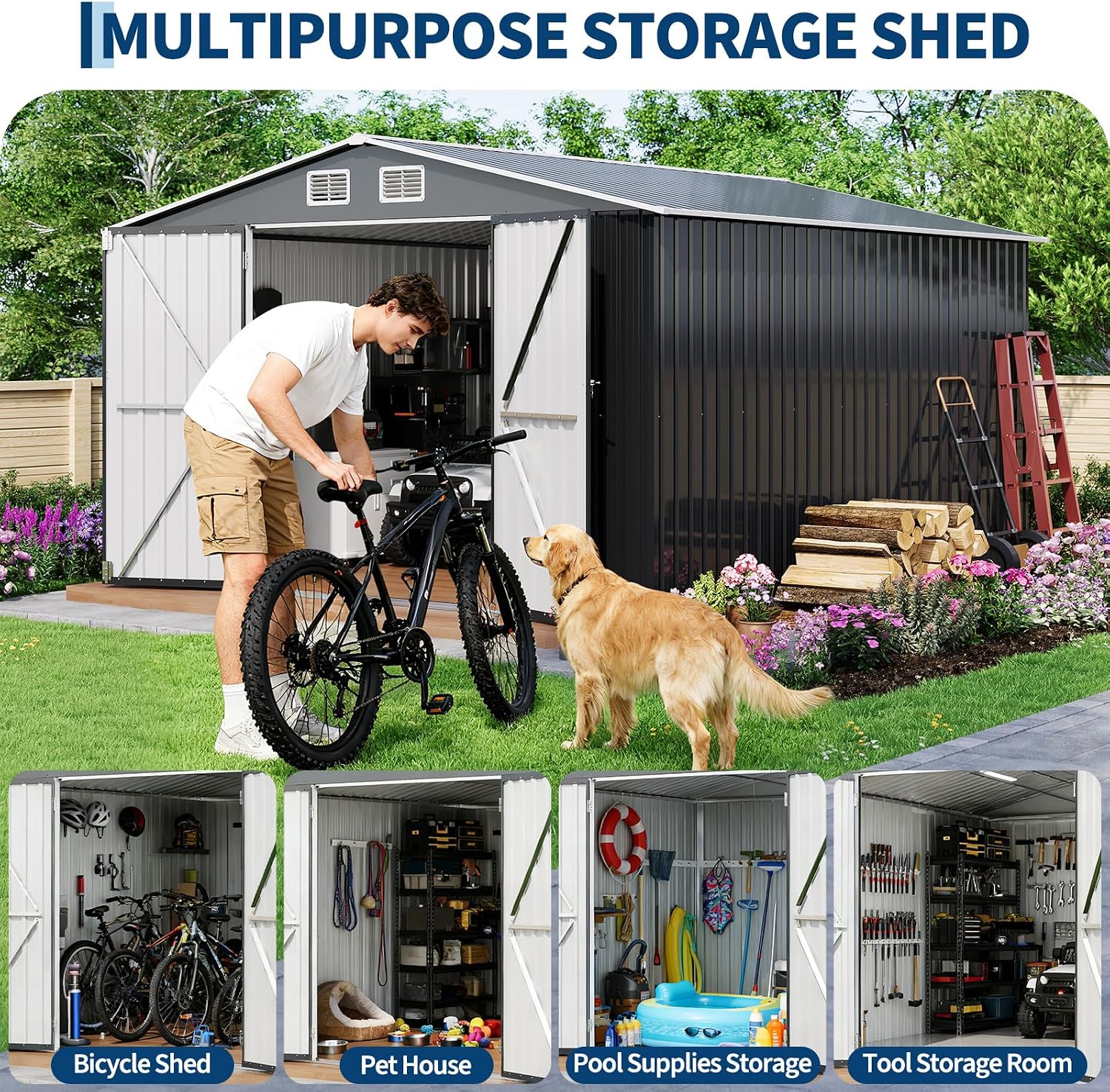 GarveeLife 12 X 10 ft Outdoor Storage Shed, Metal Garden Sheds & Outdoor Storage with Updated Frame Structure, Backyard Garden Terrace Tool Shed for Backyard, Lawn, Patio, Bike Storage, Gray
