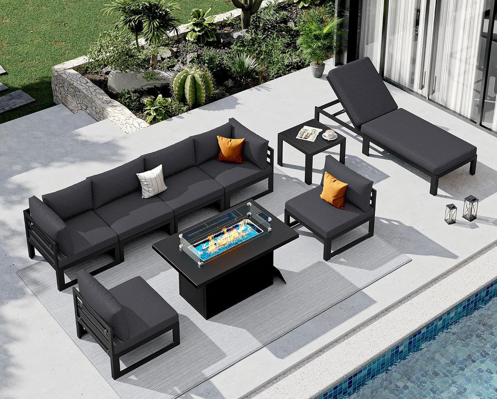 NICESOUL 9 Piece Luxury Aluminum Outdoor Sectional Sofa with Chaise Lounge & Firepit, Large Modular Patio Furniture Set, 29' Deep Wide Seating, 500 lbs Heavy Duty Conversation Set for Deck, Dark Gray