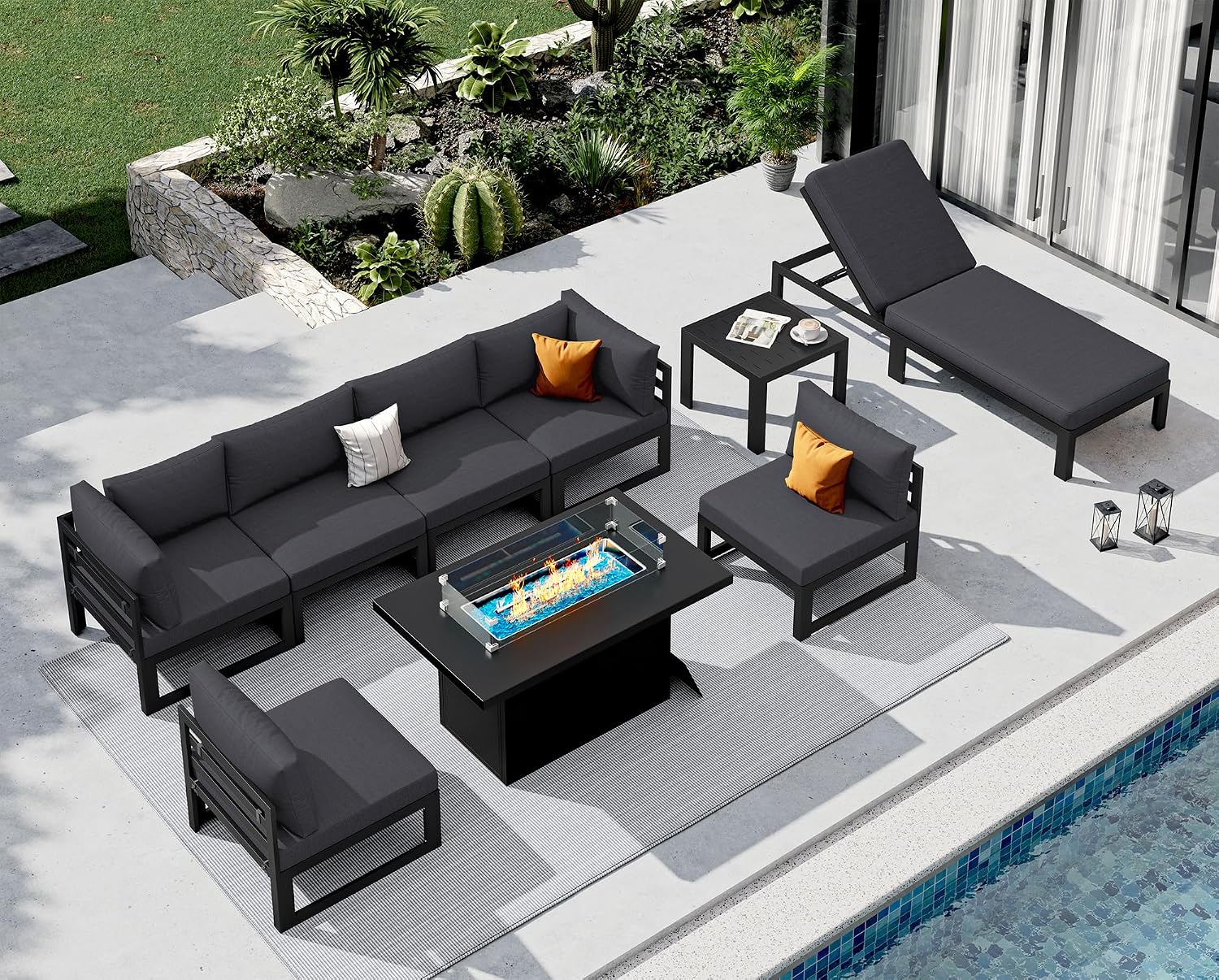 NICESOUL 9 Piece Luxury Aluminum Outdoor Sectional Sofa with Chaise Lounge & Firepit, Large Modular Patio Furniture Set, 29' Deep Wide Seating, 500 lbs Heavy Duty Conversation Set for Deck, Dark Gray