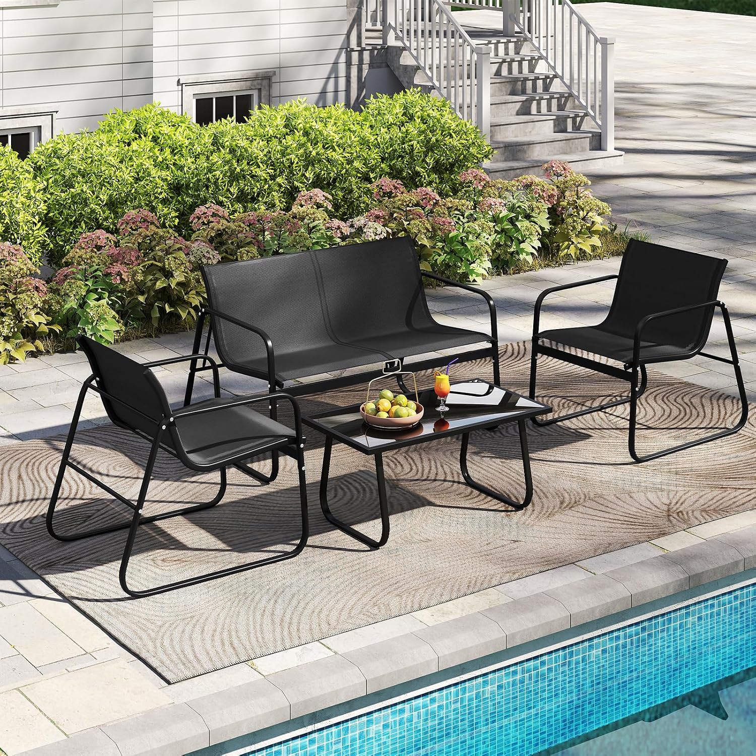 Tangkula 4 Piece Patio Furniture Set, Outdoor Metal Conversation Chair & Coffee Table Set with Mesh Seat Fabric & Tempered Glass Tabletop, Outside Bistro Set for Backyard, Porch, Poolside (1, Black)