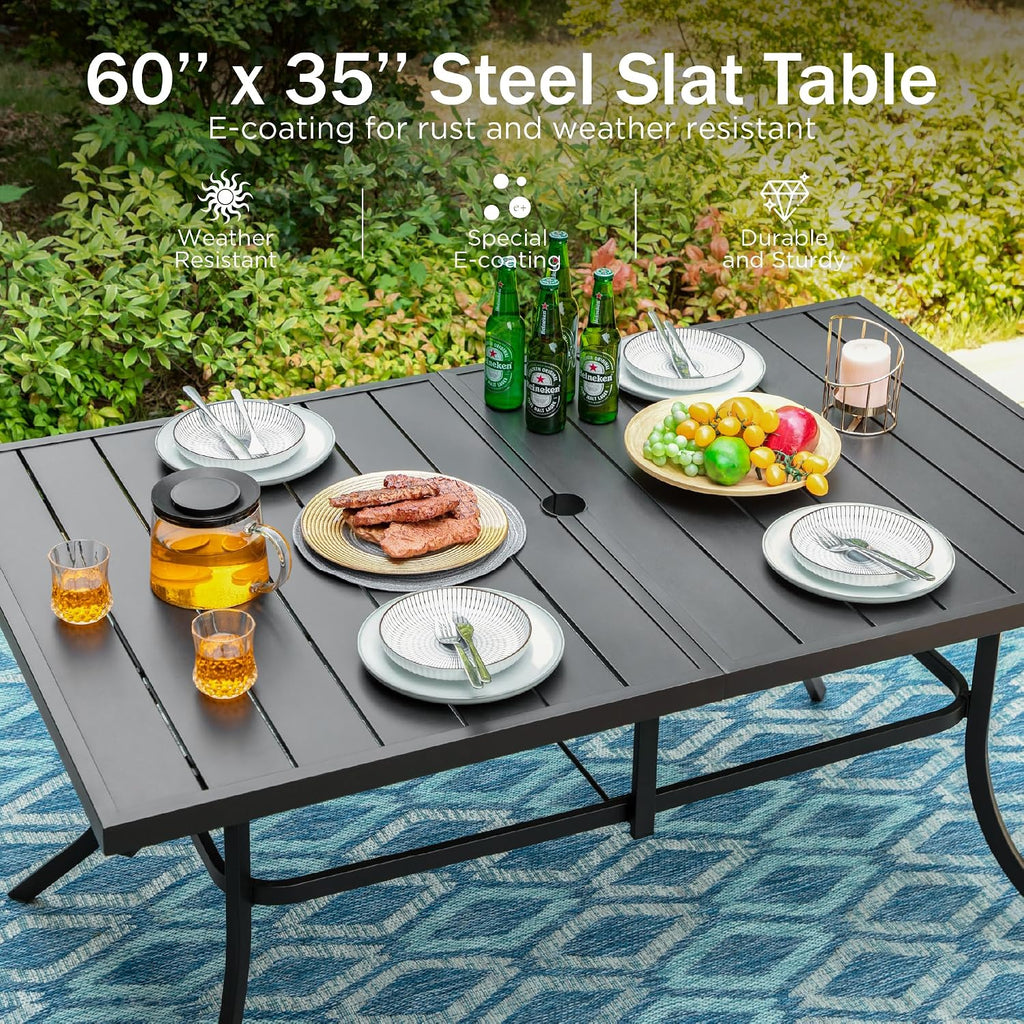 PHI VILLA 7 Piece Outdoor Dining Set for 6, 60' Rectangular Metal Steel Table with Umbrella Hole & Stacking Wrought Iron Chairs, Large Furniture Set for Patio, Deck, Yard - Black