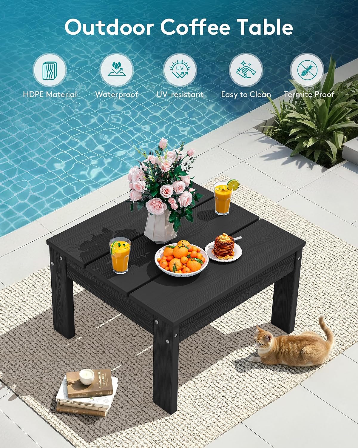 SERWALL HDPE Outdoor Furniture Set, 2 Seats Outdoor Sectional with Coffee Table, All Weather Patio Sofas, Outdoor Conversation Sets with Adjustable Backrest Sofa for Backyard, Garden, Black with Grey