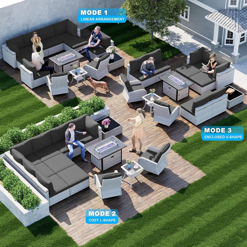 13-Piece Patio Furniture Set, Outdoor Patio Furniture with Swivel Chairs Set, Ottomans, 55,000 BTU Fire Pit Table, Modular Patio Sofa, Dual-Strand Wicker Rattan, Rust-Resistant Frame, Black