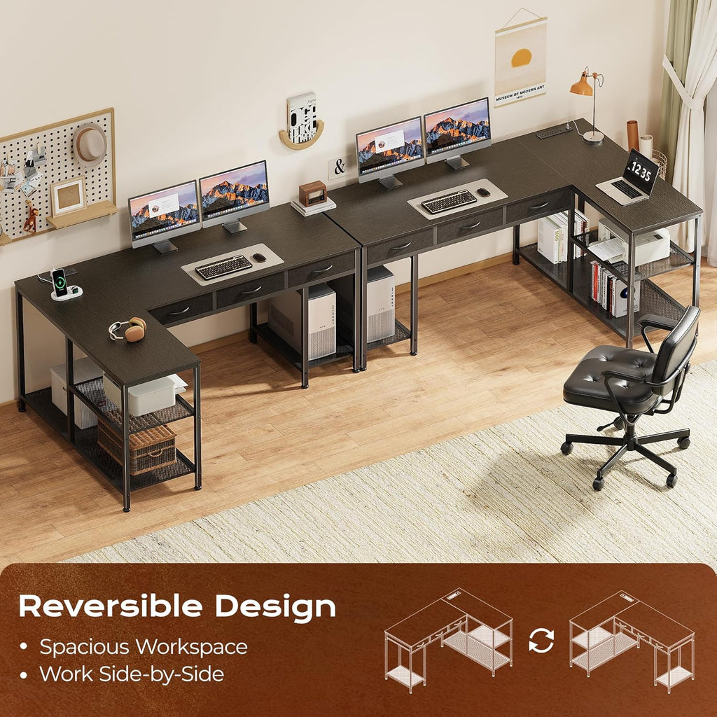 PRAISUN 55 Inch L Shaped Office Desk with Power Outlets and Type-C Port, Large Computer Gaming Desk with 3 Fabric Drawers, Mesh Shelves, Corner Study Work Writing Desk, Black