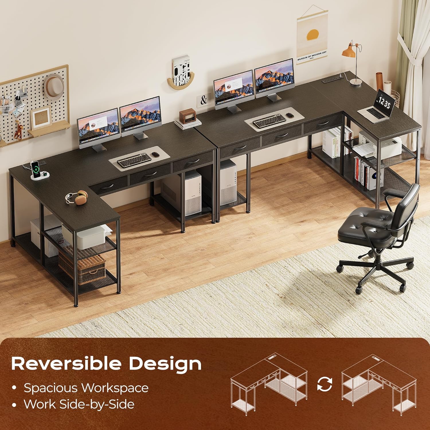 PRAISUN 55 Inch L Shaped Office Desk with Power Outlets and Type-C Port, Large Computer Gaming Desk with 3 Fabric Drawers, Mesh Shelves, Corner Study Work Writing Desk, Black