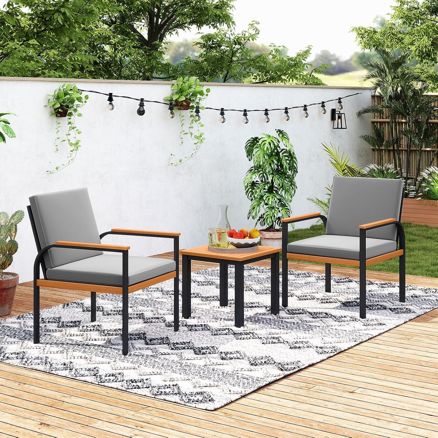 Tangkula 3 Pieces Patio Furniture Set, Outdoor Cushioned Conversation Chairs Set with Acacia Wood Side Table, for Porch, Balcony and Garden
