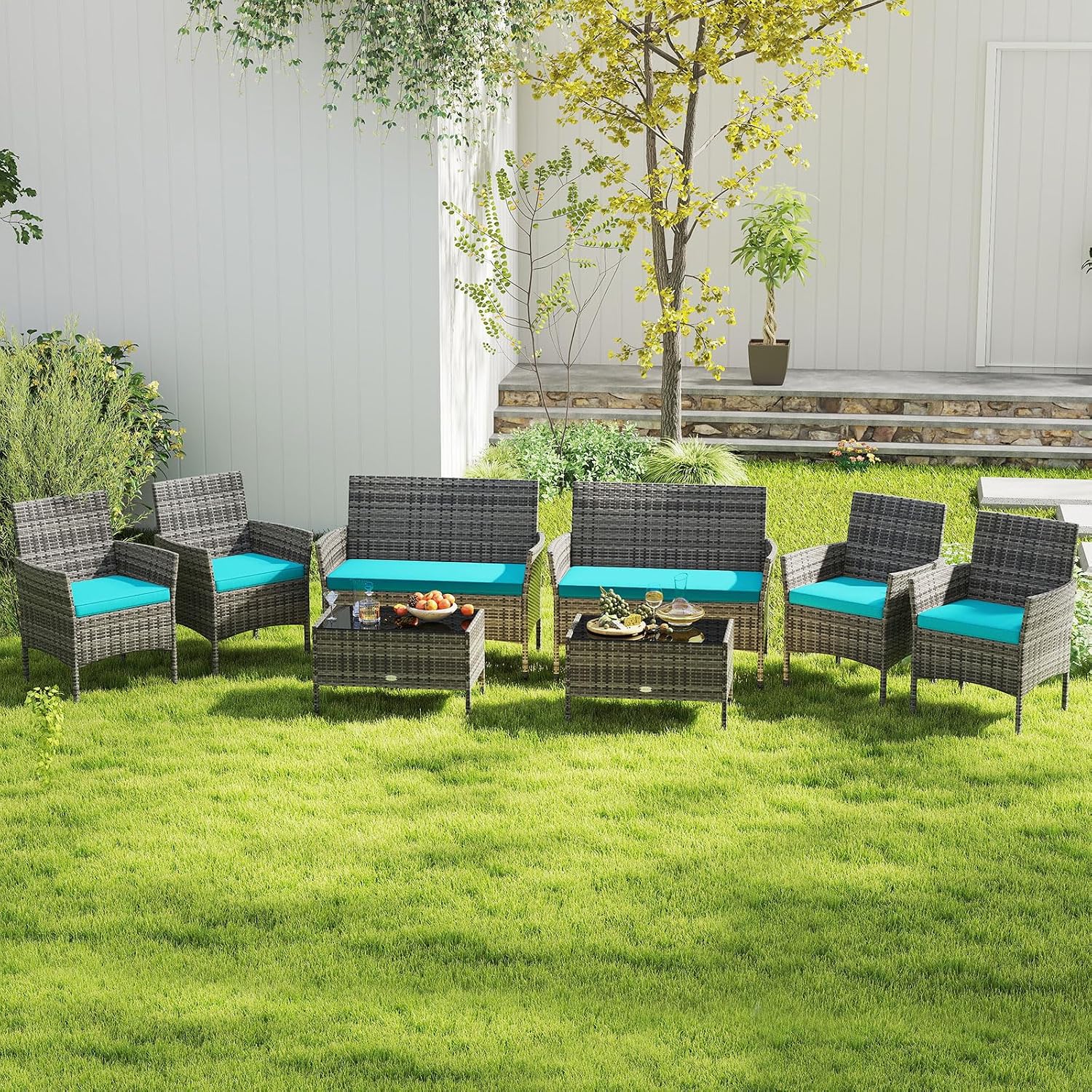 Tangkula 8 Pieces Patio Rattan Conversation Set, Outdoor Wicker Furniture Set with Cushioned Chair, Loveseat & Tempered Glass Table, Outside Sectional Sofa Set for Backyard (G-Turquoise,2)