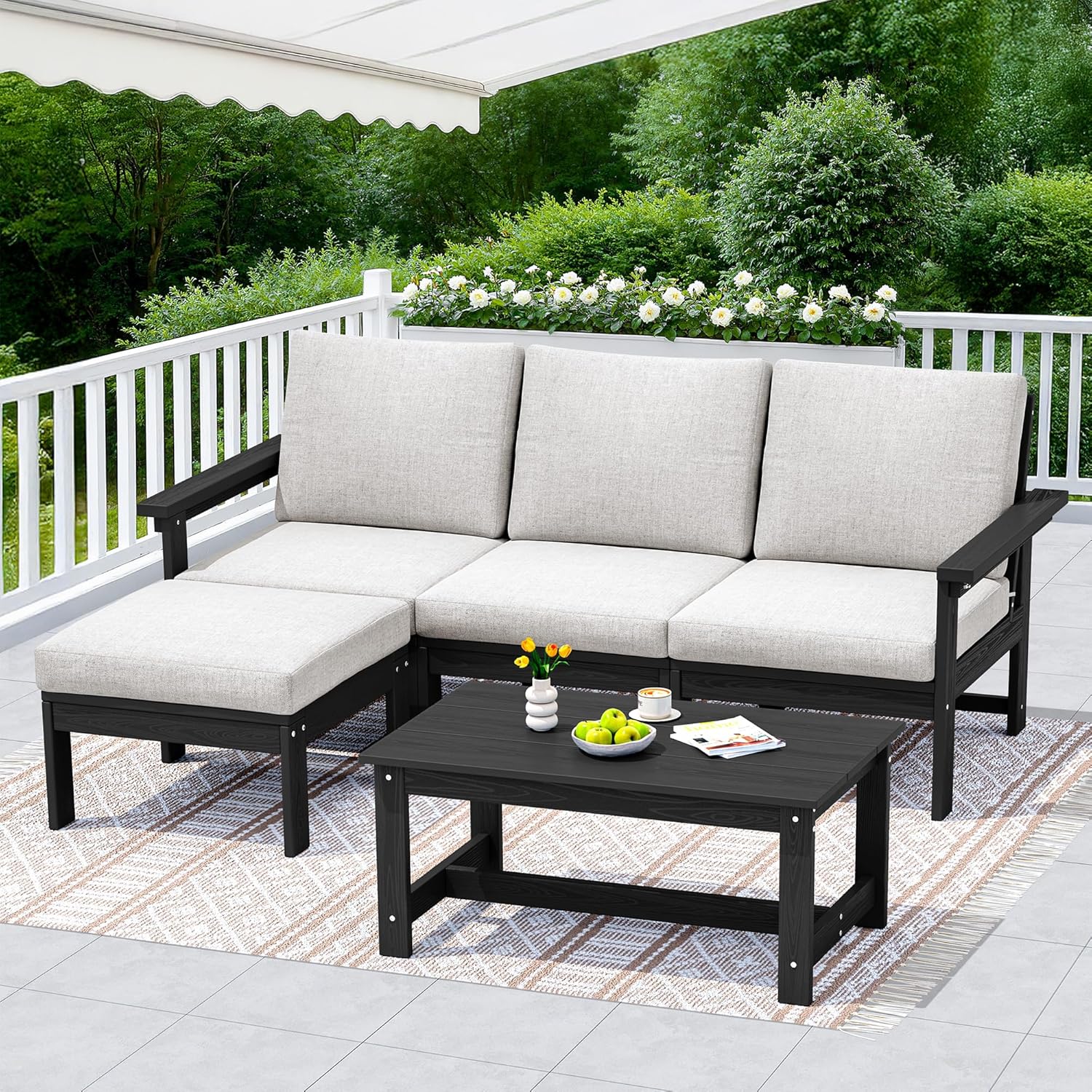 SERWALL Outdoor Sectional Sofa Set, 5-piece Outdoor Modula Couch Set with Ottoman, All Weather Patio Furniture Set with Chaise for Deck, Lawn, Black Frame with Khaki Cushion