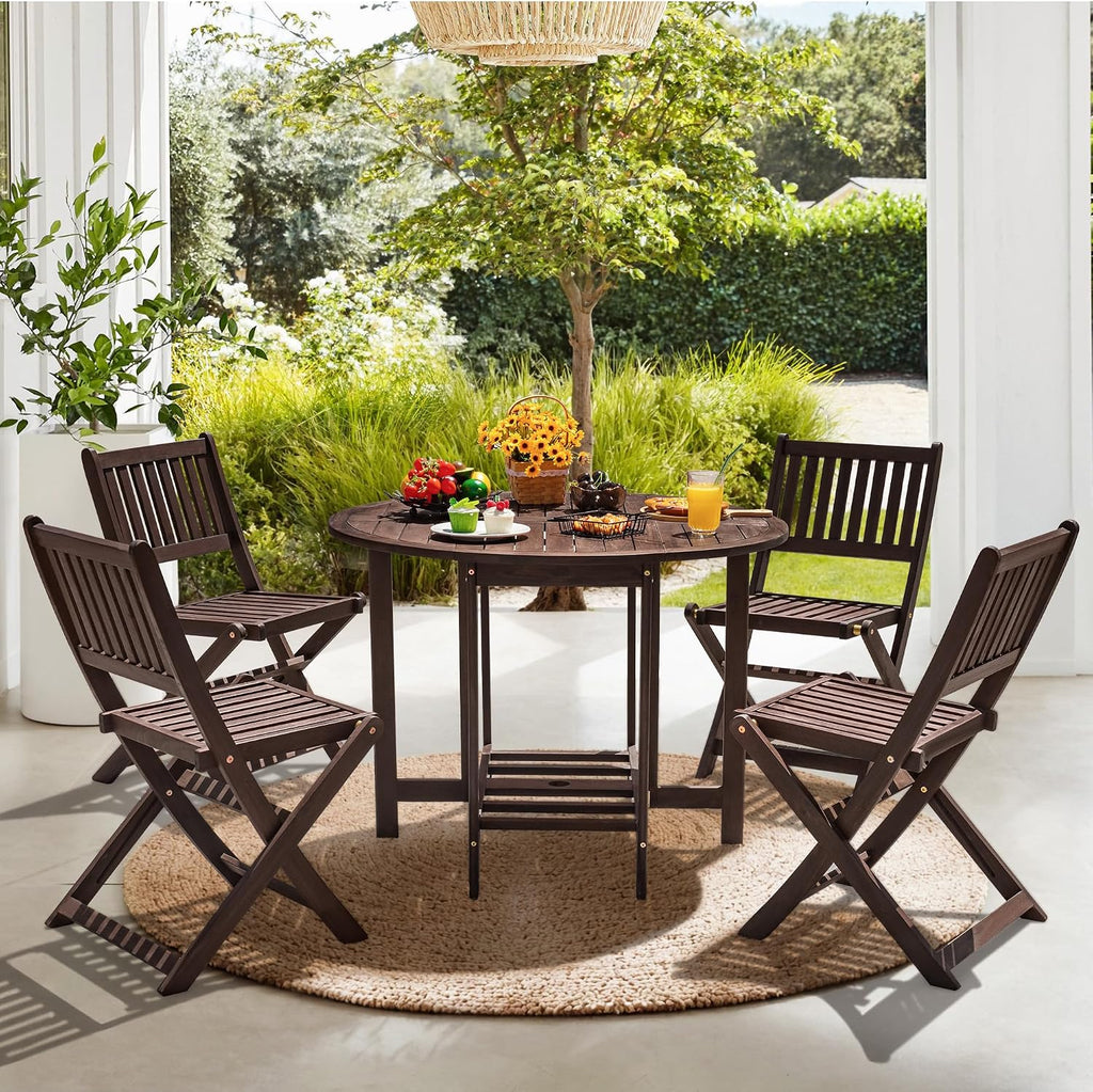 Devoko 5 PCS Patio Furniture, Patio Dining Set Acacia Wood Outdoor Table and Chairs, with 4 Folding Chairs and 37' Round Movable Table, Outdoor Dining Set for Lawn, Balcony, Garden (Deep Brown)