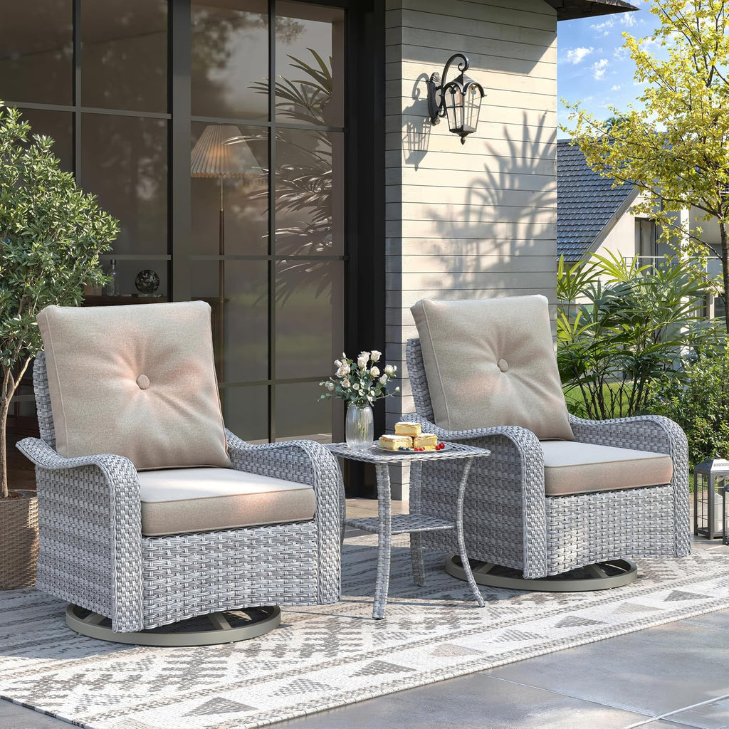2-Seat Modern Patio Furniture Set with Swivel Rocking Chairs, Thick 4″ Cushions, Dual-Strand Wicker Rattan, Rust-Resistant Steel Frame – Outdoor Conversation & Modular Sectional,Beige