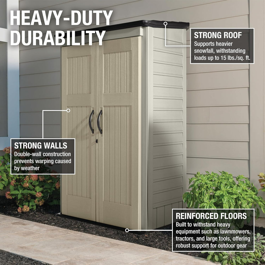 Rubbermaid Vertical Resin Outdoor Storage Shed With Floor (4 x 2.5 Ft) Weather Resistant Beige/Brown Organization for Home/Backyard/Pool Chemicals/Toys/Garden Tools/Porch/Patio Cushions