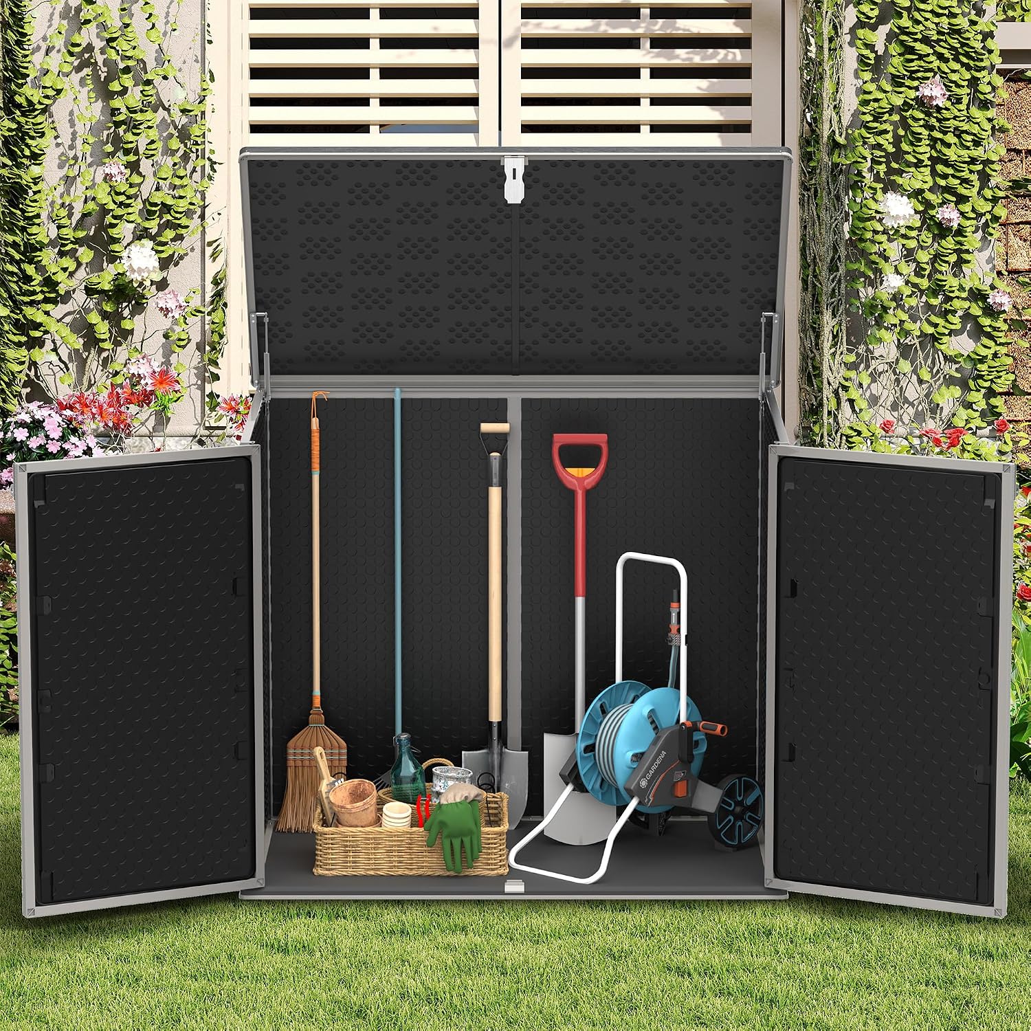 Uhomepro 4.6 Ft. X 4.1 Ft Outdoor Horizontal Storage Shed, Resin Storage Shed with Double Lockable Doors, Ideal for Garbage Can Storage and Garden Tools, Strong Water Resistance