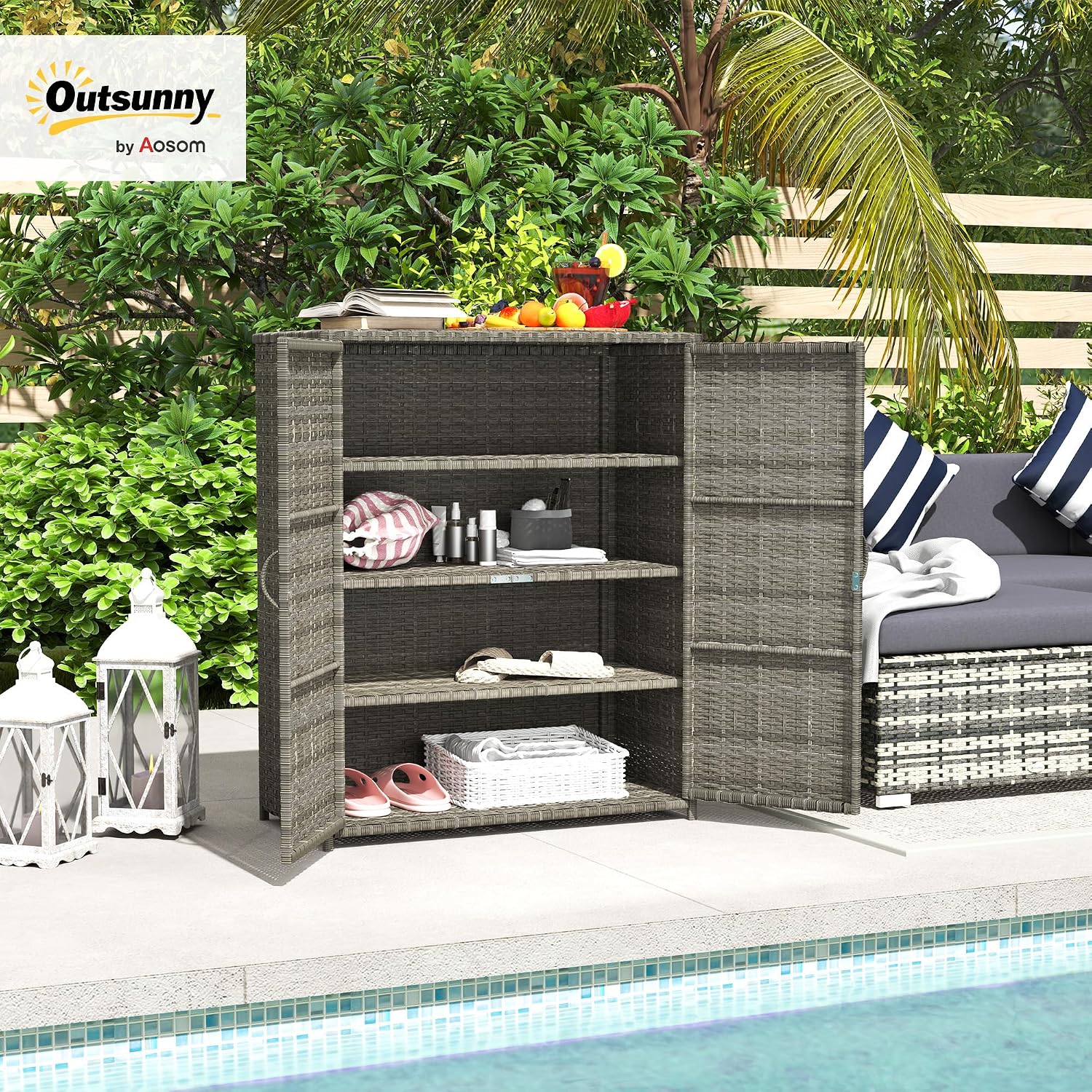 Outsunny Wicker Outdoor Storage Cabinet with Shelves, 4-Shelf Outdoor Pool Towel Cabinet with Two Doors, Rattan Patio Storage Shelves for Garden, Backyard, Porch, Mixed Gray