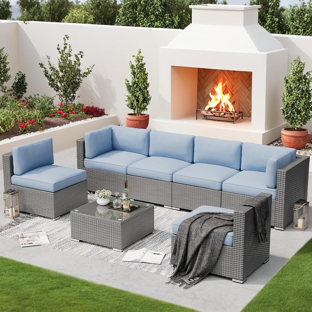 SUNCROWN Outdoor Patio Furniture Set 7 Piece Outdoor Sectional Sofa Grey Wicker Conversation Sofa Set with Coffee Table and Cushions (Light Blue)