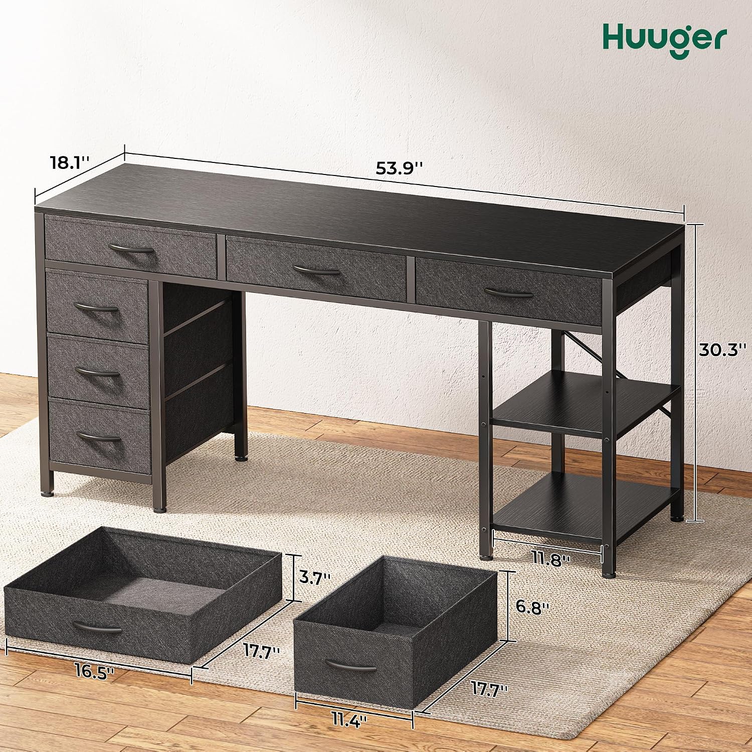 Huuger Computer Desk with 6 Drawers, Office Desk with Shelves, Reversible Gaming Desk, Corner Desk with Storage, Work for Home Office, Study, Living Room, 54inch, Black