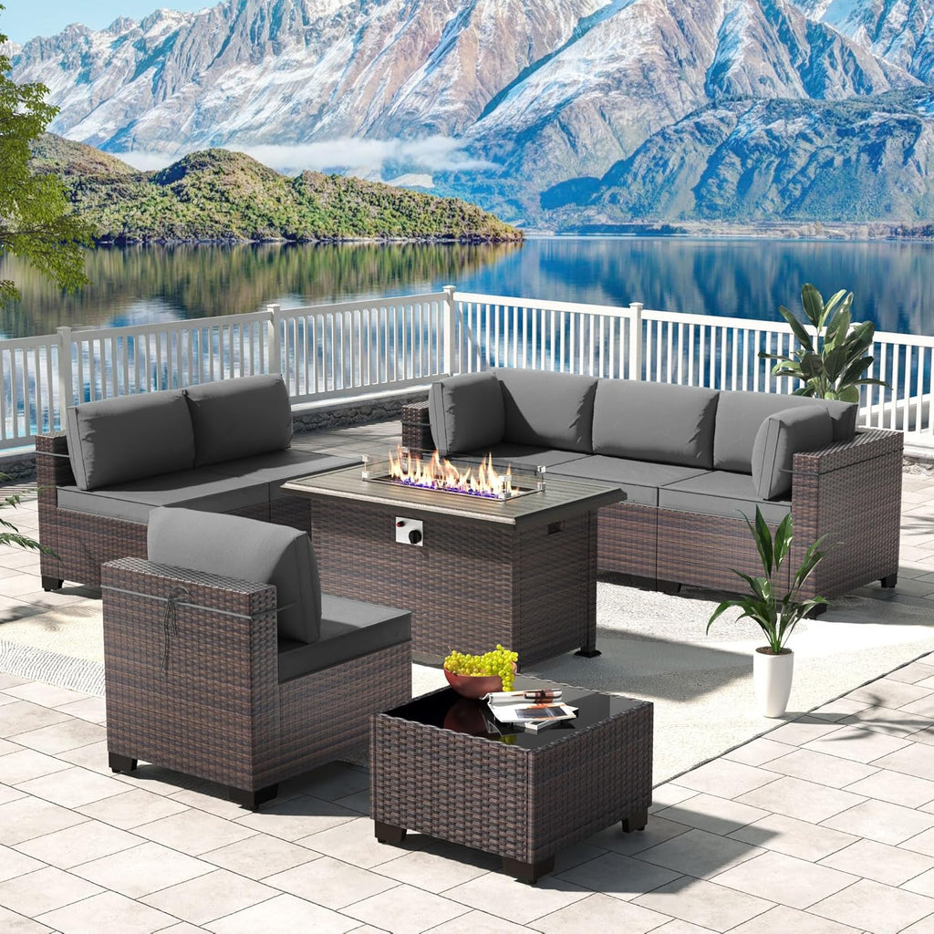 Kullavik 8 Pieces Outdoor Patio Furniture Set,Sectional Sofa Set with 43' 55000 BTU Gas Propane Fire Pit Table,Brown PE Rattan Wicker Patio Conversation Set,Grey