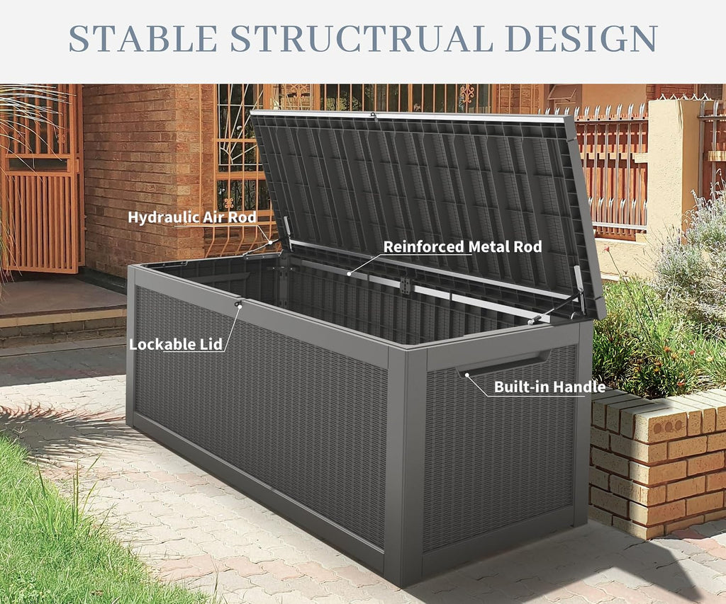 NUNU LAB 260 Gallon Outdoor Storage Box,Resin Large Sturdy Deck Box, Backyard Outside Storage Box Waterproof with Double Wall Panels,Package Delivery Garden Outdoor Hose