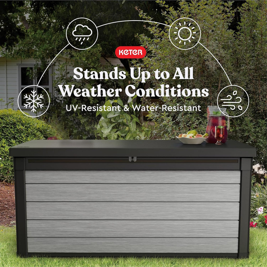 Keter Denali 150 Gallon Resin Large Deck Box with Double Wall 20mm Panels - Paintable and Drillable-Organization and Storage for Patio Furniture and Outdoor Items, Grey & Black