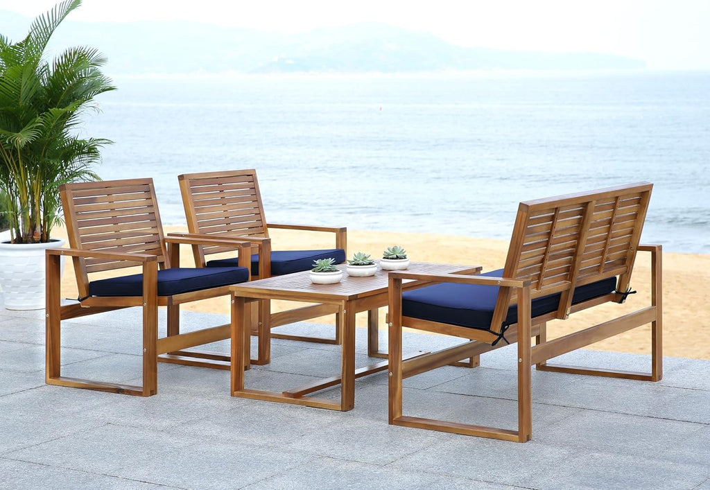 Safavieh Home Collection Hailey Outdoor Living 4-Piece Acacia Patio Furniture Set, Brown and Navy