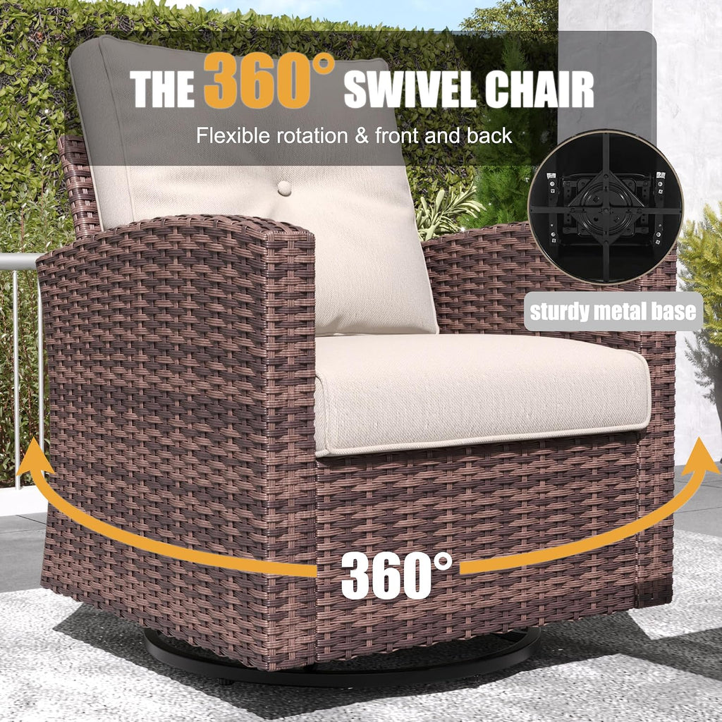 LayinSun 5 Pieces Patio Furniture Set with Swivel Chairs, Rattan Wicker Rocking Glide Chairs with 44' Propane Gas Fire Pit Table Conversation Set