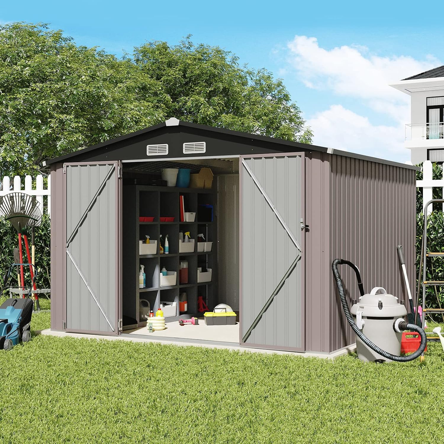 Verano Garden 8'x10' Outdoor Storage Shed, Large Galvanized Steel Metal Garden Shed, Double Door W/Lock, Outdoor Storage House for Backyard, Patio, Lawn(113.78'x88.58'x77.17')