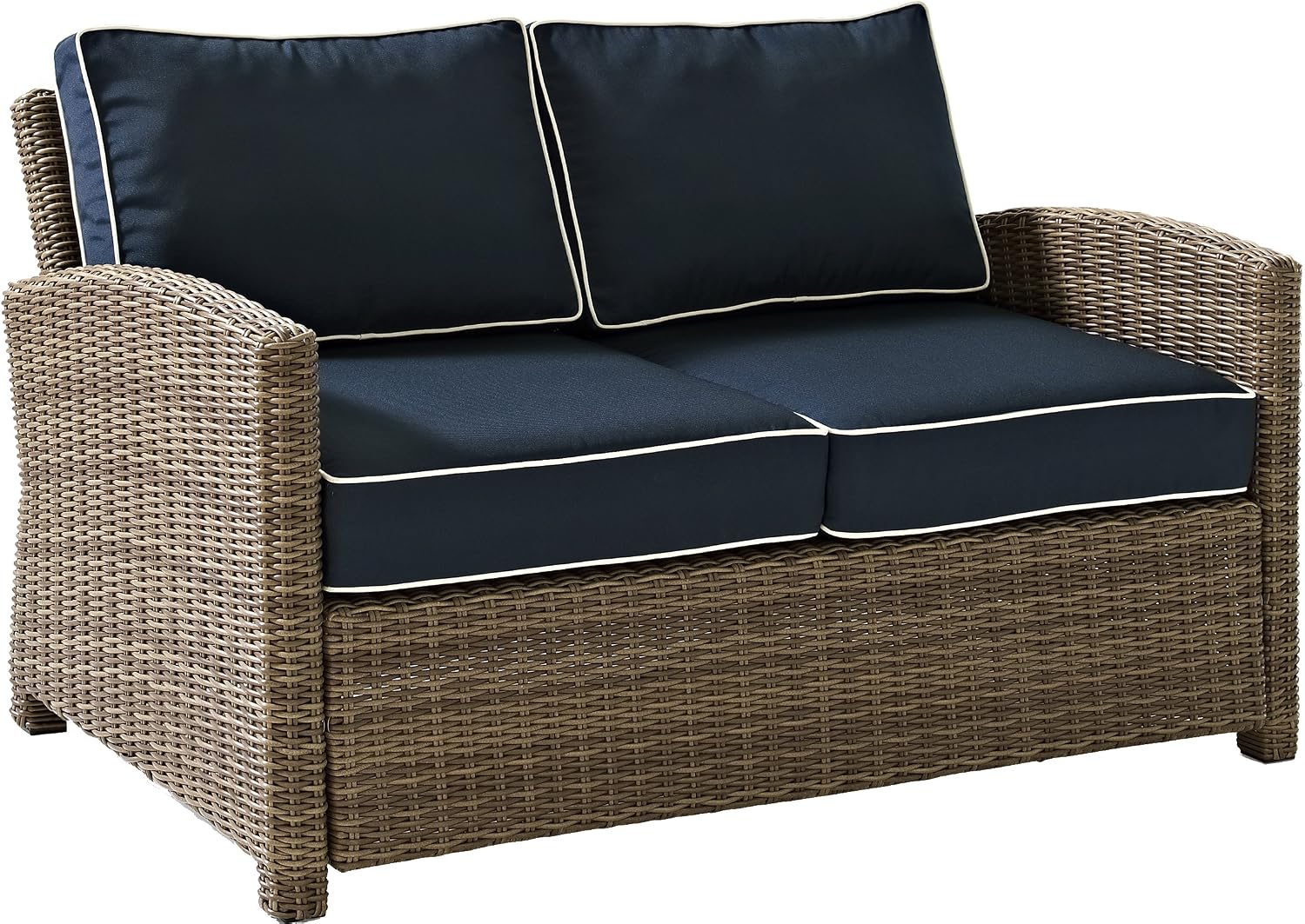 Crosley Furniture Bradenton 4-Piece Outdoor Loveseat Patio Furniture Set, Wicker Conversation Sets for Porch, Brown with Navy Cushions