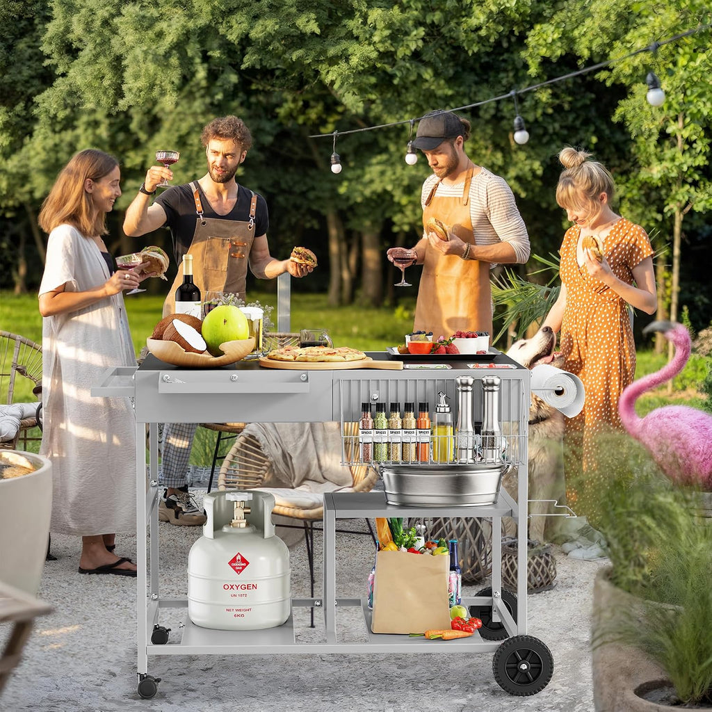 JY QAQA Outdoor Pizza Oven Stand with Condiment Shelf, Outdoor Cooking Cart, Grill Worktable for Patio, Food Prep Station Fits Ninja Woodfire Grill, Cuisinart Grill, Blackstone Griddle