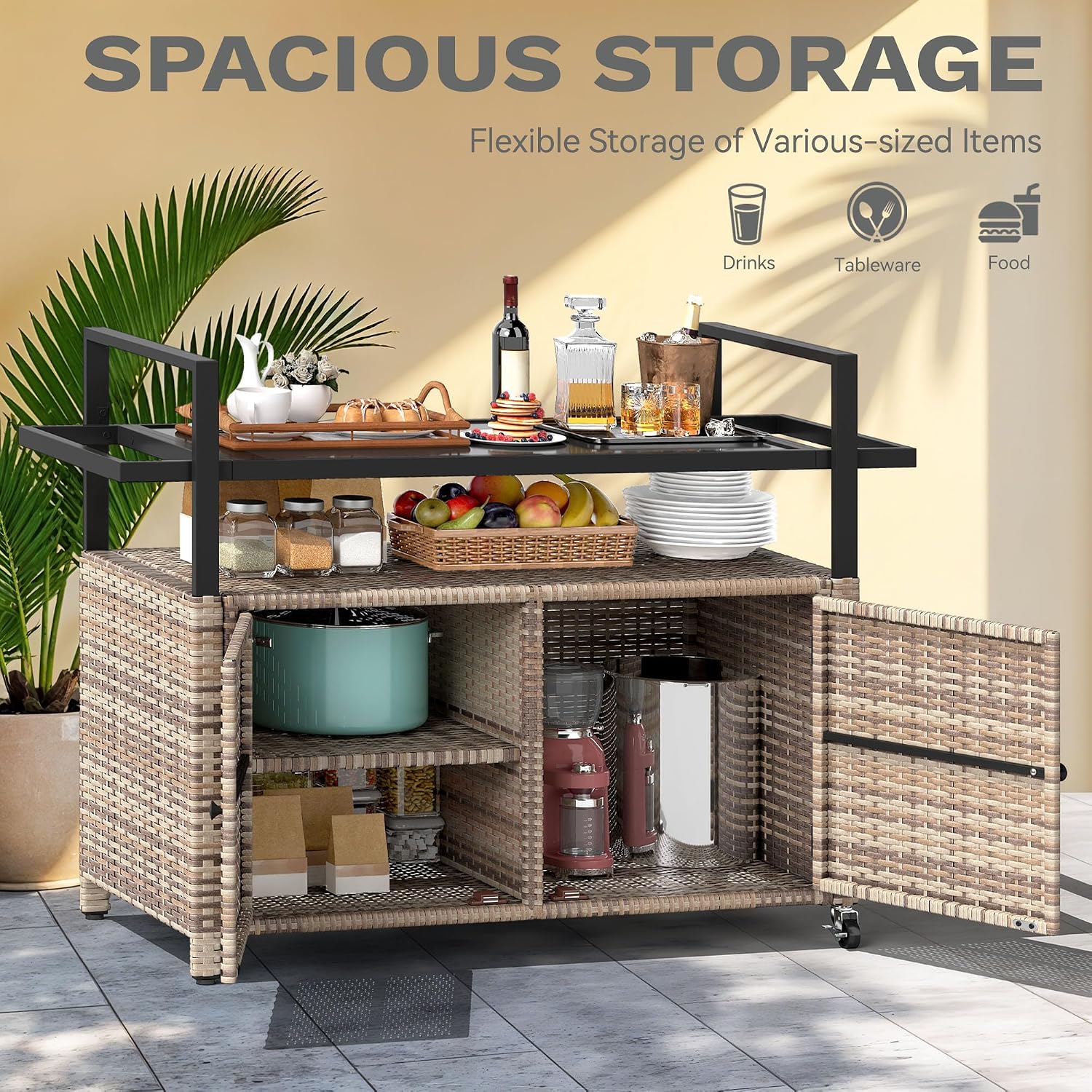 DWVO XL Outdoor Storage Cabinet,Patio Storage Table with Glass Top, Bar Table with Wheels,Outdoor Bar Cart for Patio, Poolside and Backyard,Light Brown