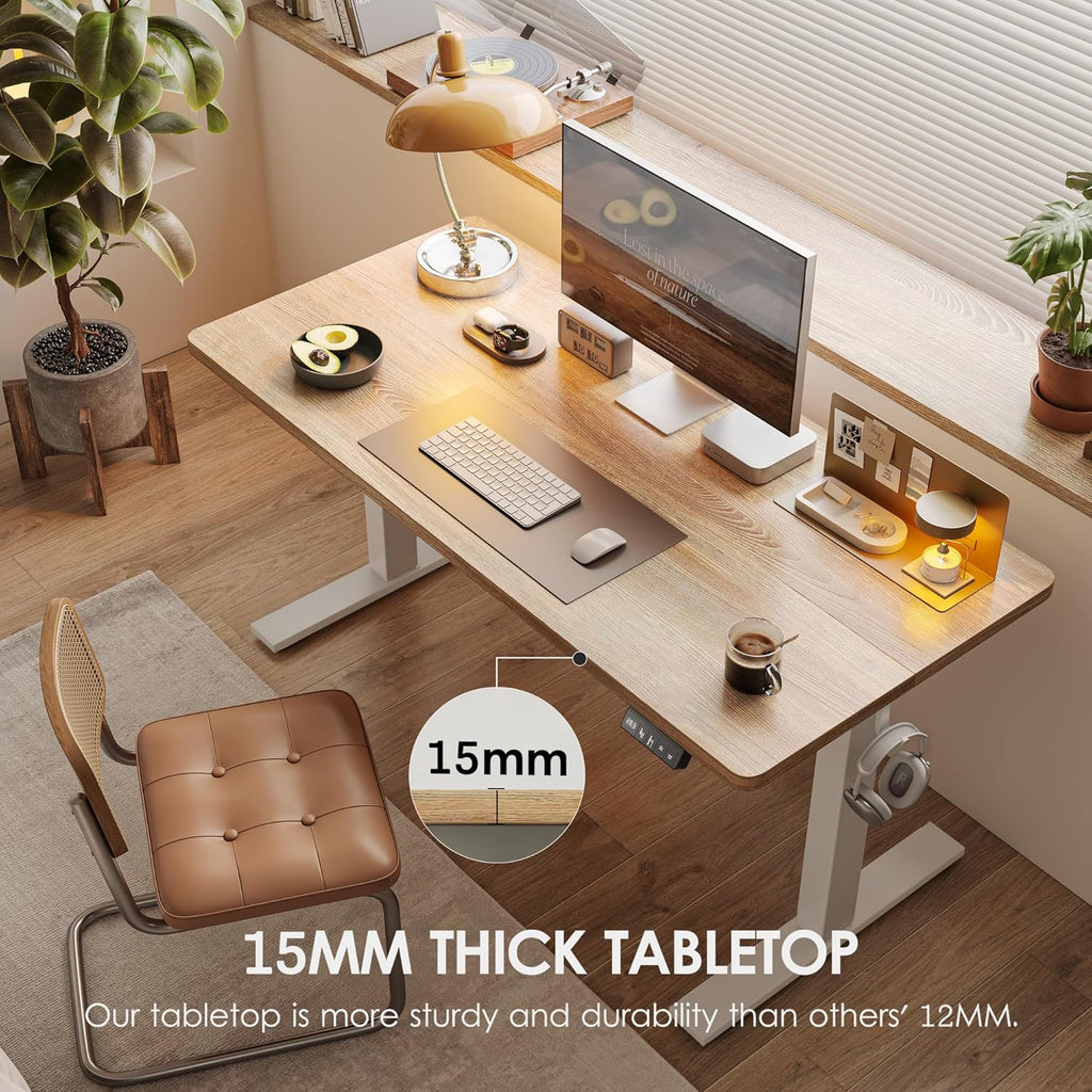 TIQLAB Height Adjustable Electric Standing Desk, 55 x 24 inch, Sit Stand Up Desk, Splice Board, Computer Home Office Desk, White Frame/Maple Top