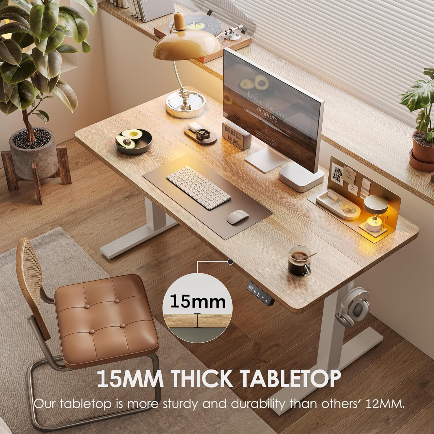 TIQLAB Height Adjustable Electric Standing Desk, 55 x 24 inch, Sit Stand Up Desk, Splice Board, Computer Home Office Desk, White Frame/Maple Top