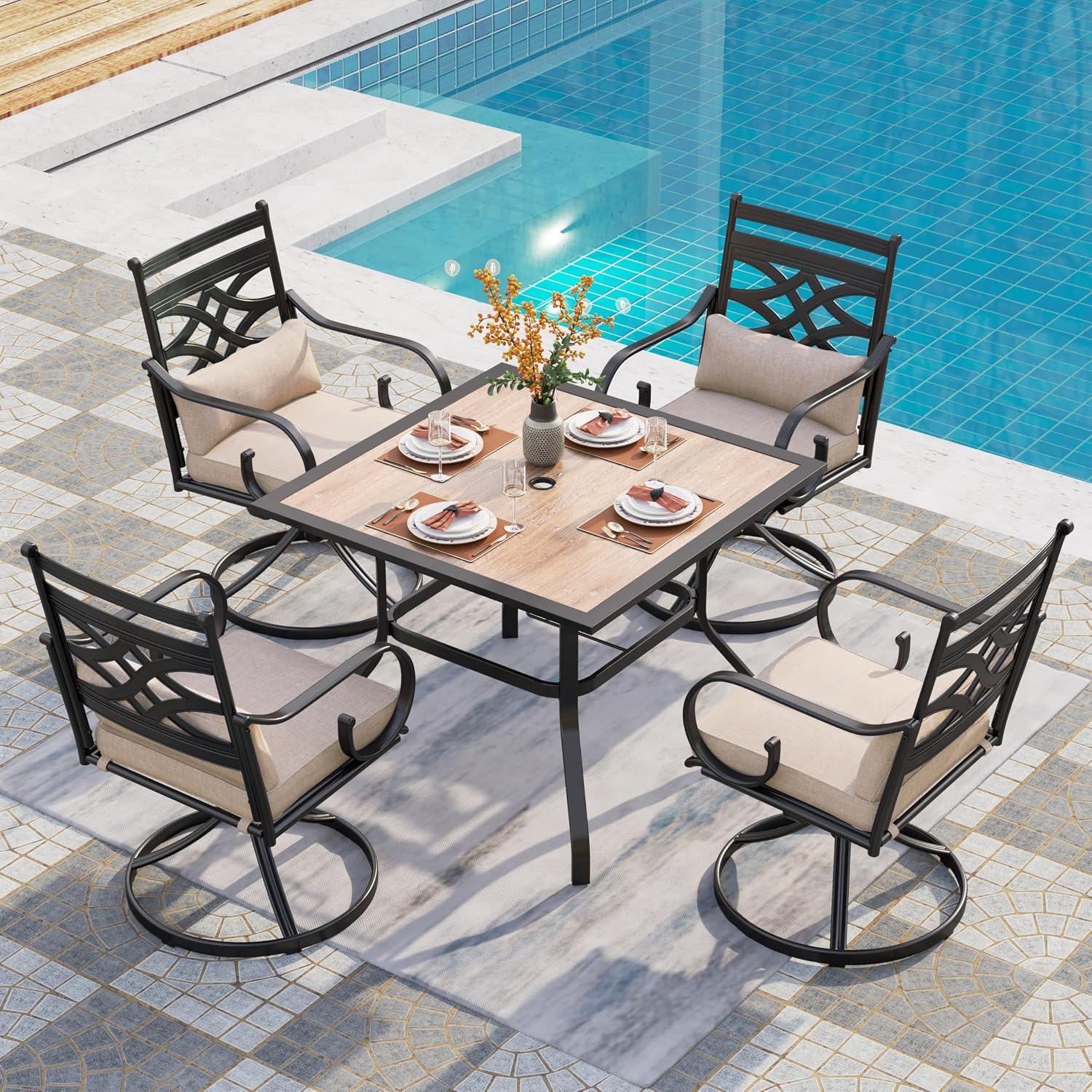 PHI VILLA 5 Pieces Outdoor Dining Set for 4, 37' Square Wood-top Metal Table & Wrought Iron Swivel Chairs, All Weather Large Outside Furniture with Cushions & Pillows for Patio, Deck, Porch