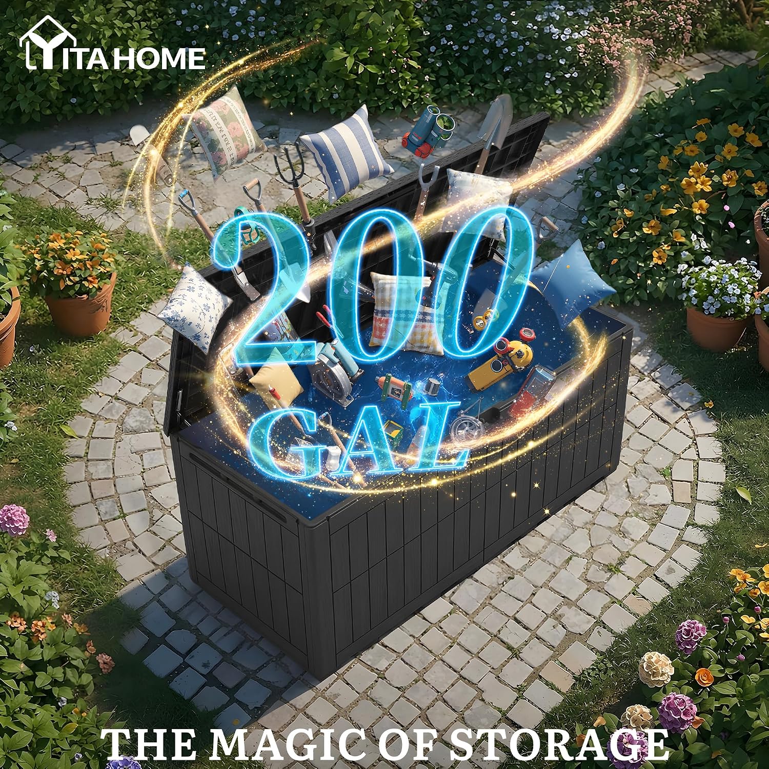 YITAHOME 200 Gallon Large Outdoor Storage Box XL Resin Deck Box with Lock, Waterproof Patio Furniture Bin and 3-Person Bench Seating for Garden Tools & Pool Accessories, Black
