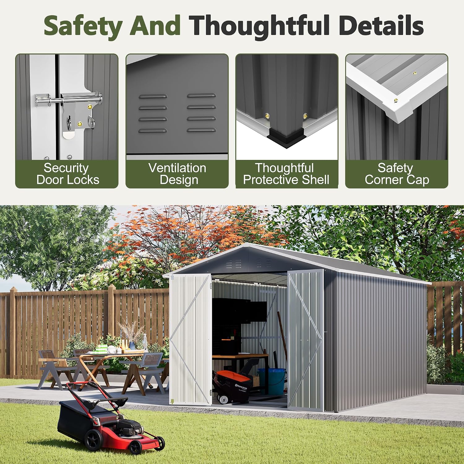 8 * 12 FT Outdoor Storage Shed with Floor Frame Heavy-Duty Metal Sheds & Outdoor Storage with Vents, Sloping Roof and Lockable Doors Waterproof Garden Tool Shed for Backyard Patio Lawn, Grey