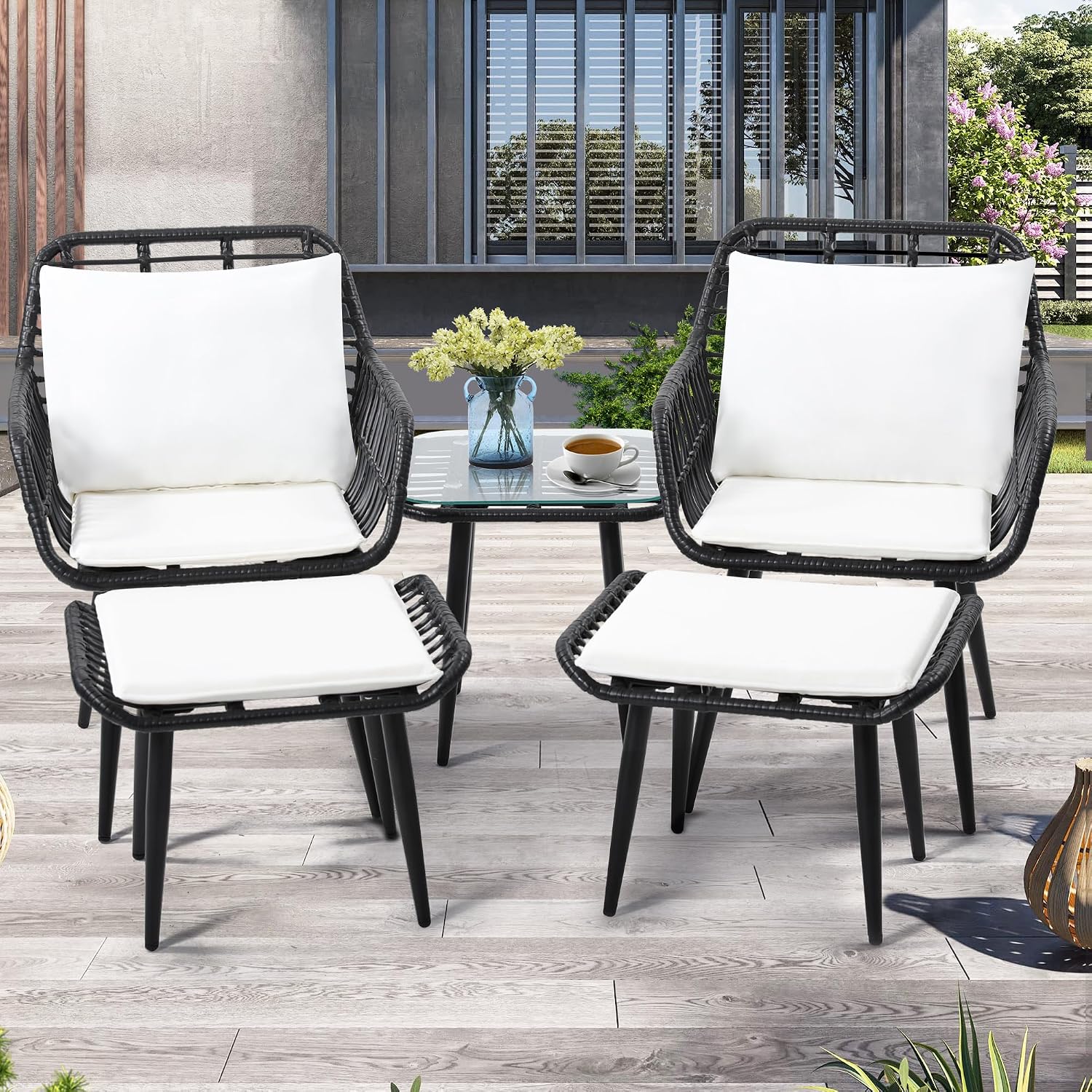 KROFEM 5 Piece Wicker Bistro Patio Conversation Furniture Set, Includes 2 Chairs, 2 Ottomans, and Side Table, Ideal for Porch, Balcony, Deck, Backyard, Black