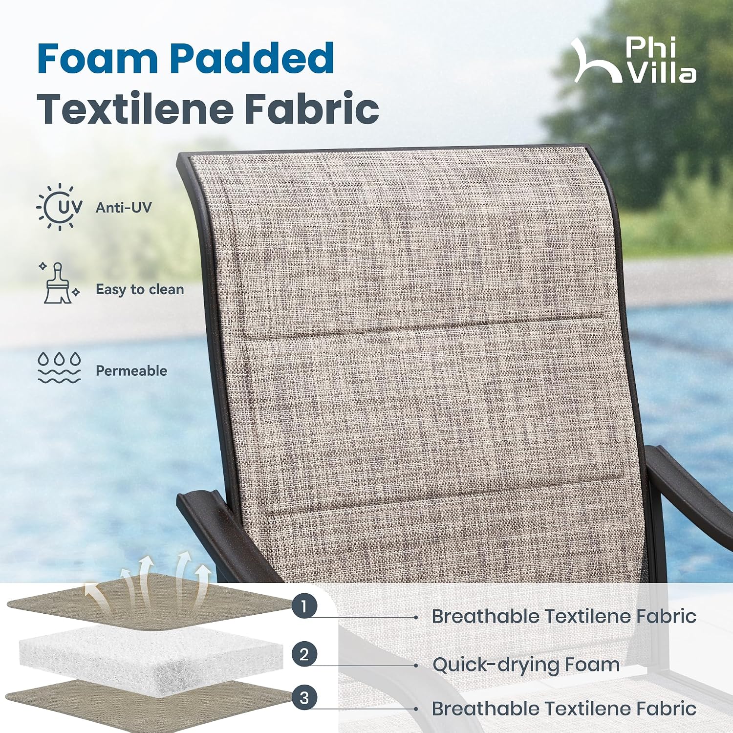 PHI VILLA 5 PCS Patio Dining Set with 4 Padded Outdoor Swivel Dining Chairs and 37'x 37' Premium PVC Table Top Dining Table(1.57' Umbrella Hole), Outdoor Dining Table & Chair Set for Deck Lawn Garden