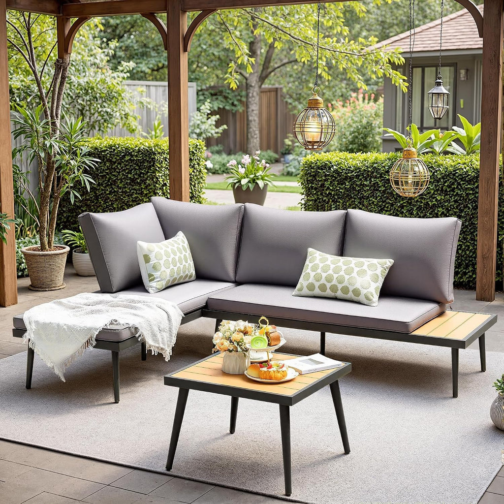 Devoko Patio Furniture Set,6 Pieces Outdoor Sectional Sofa with Cup Holder and 7.87in Wider Armrest, PE Wicker Backyard Couch Set with Coffee Table&Glass Tabletop for Deck, Porch