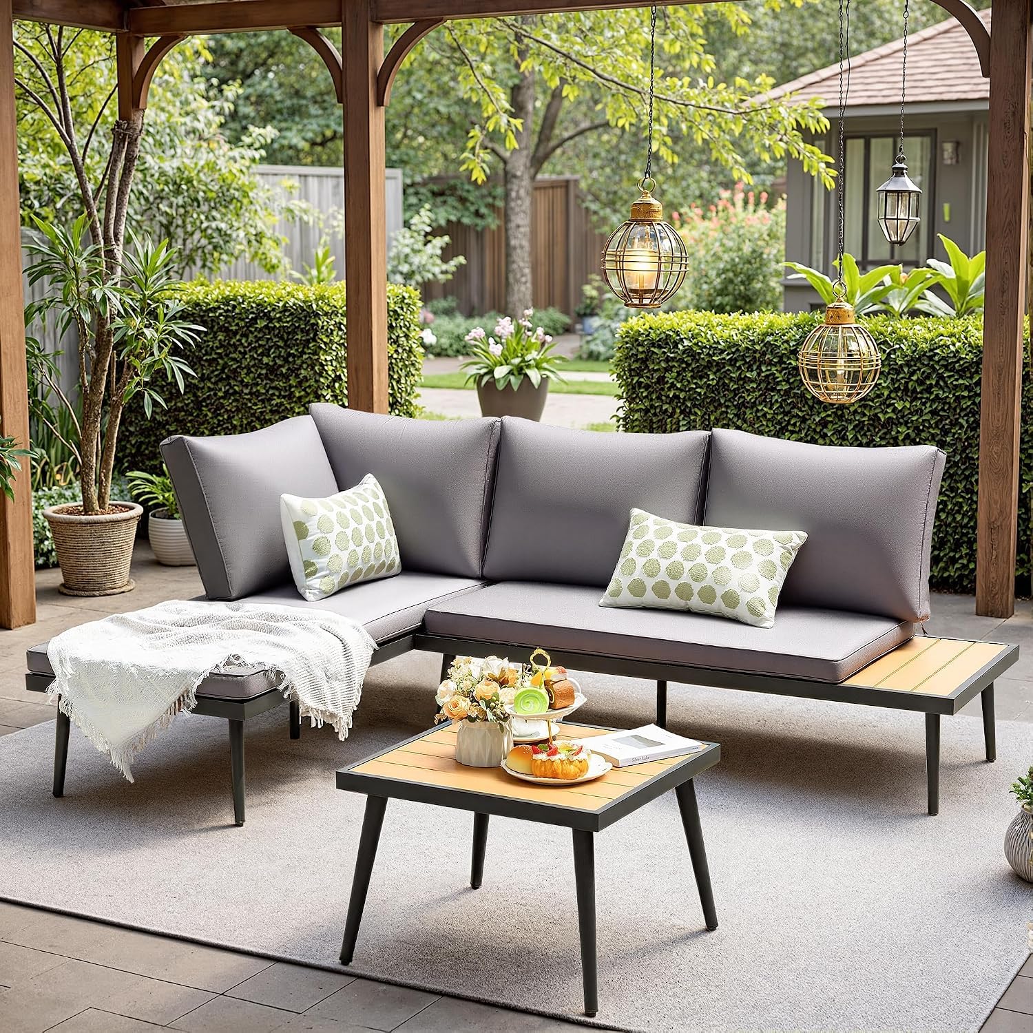 Devoko Patio Furniture Set,6 Pieces Outdoor Sectional Sofa with Cup Holder and 7.87in Wider Armrest, PE Wicker Backyard Couch Set with Coffee Table&Glass Tabletop for Deck, Porch