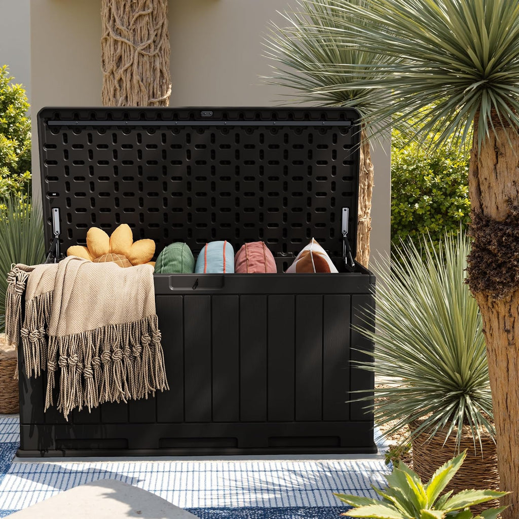 JUMMICO 90 Gallon Waterproof Resin Deck Box, Double Wall Outdoor Storage Box with Lockable Lid for Garden Tools, Patio Cushions, Pools (Black)