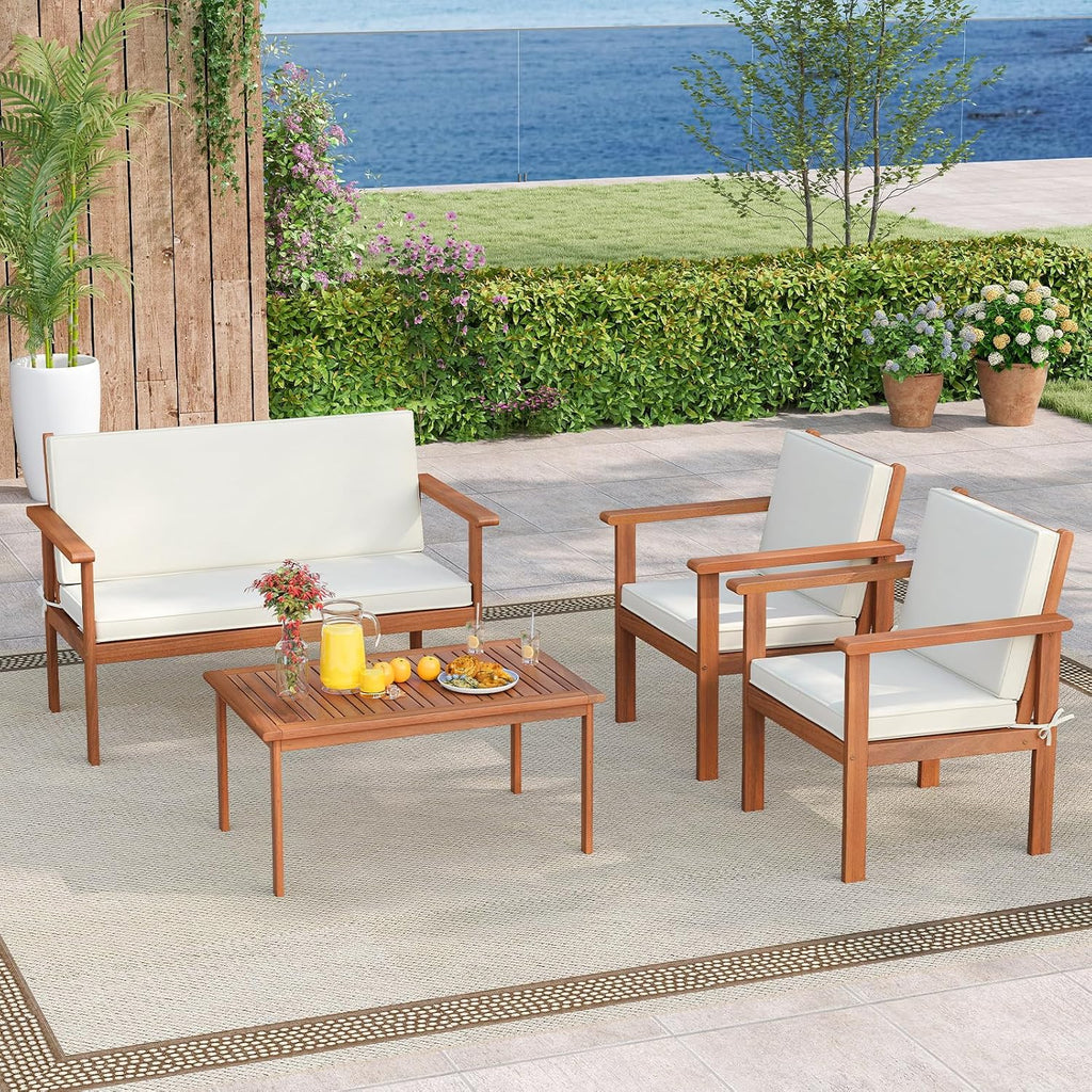 Tangkula 4 Pieces Acacia Wood Patio Conversation Set, Outdoor Wooden Cushioned Chairs & Slatted Coffee Table Set,for Backyard, Porch, Balcony, Poolside and Lawn (Off White,1)