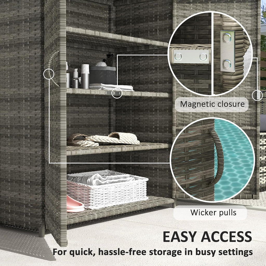 Outsunny Wicker Outdoor Storage Cabinet with Shelves, 4-Shelf Outdoor Pool Towel Cabinet with Two Doors, Rattan Patio Storage Shelves for Garden, Backyard, Porch, Mixed Gray