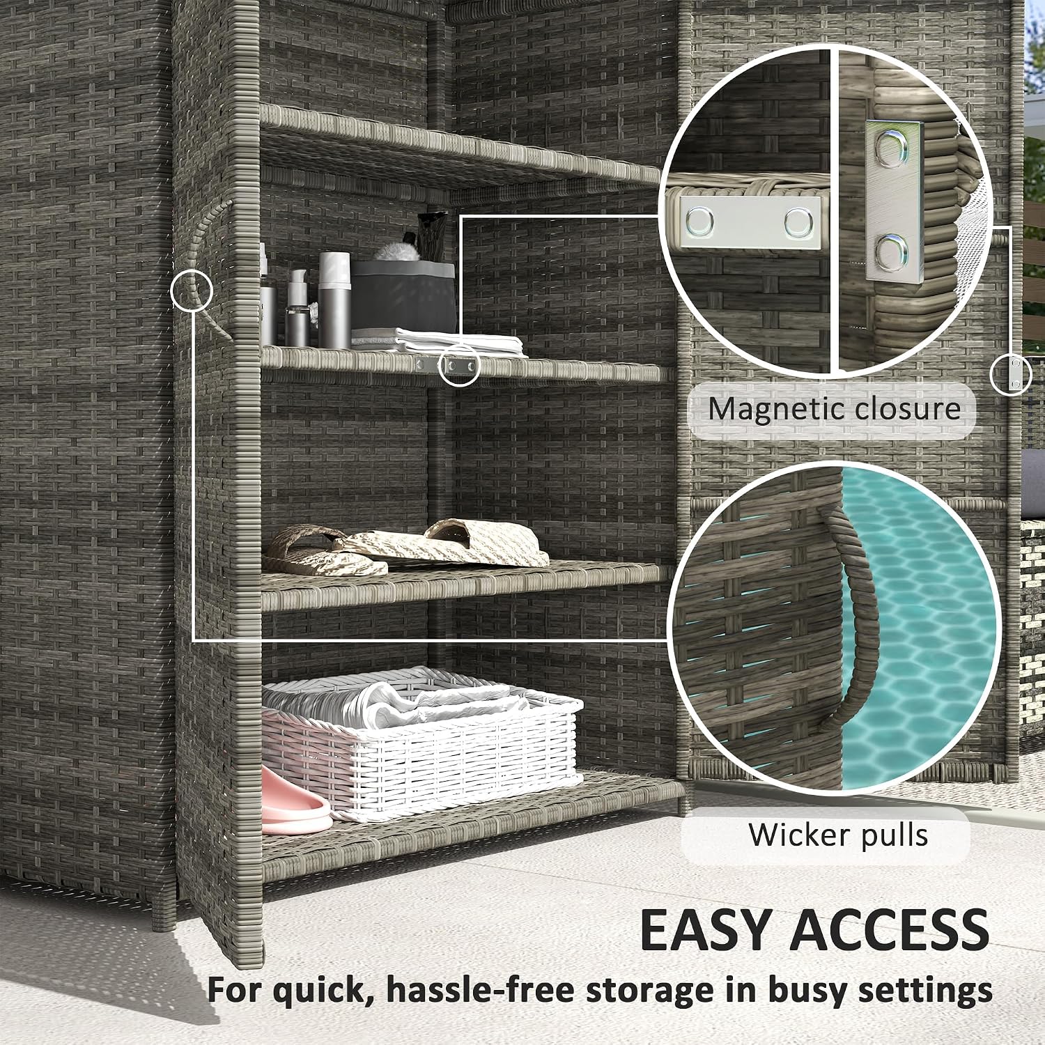 Outsunny Wicker Outdoor Storage Cabinet with Shelves, 4-Shelf Outdoor Pool Towel Cabinet with Two Doors, Rattan Patio Storage Shelves for Garden, Backyard, Porch, Mixed Gray