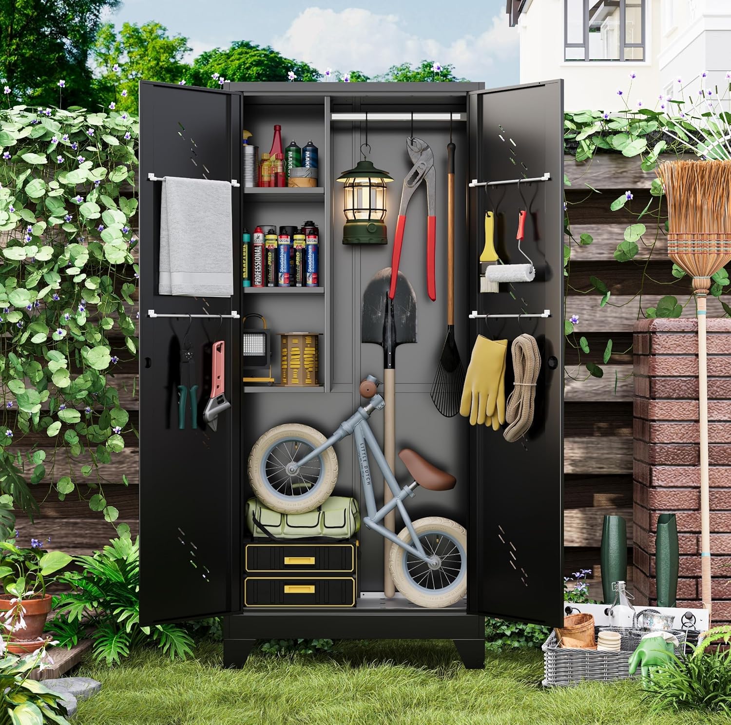 Garage Storage Cabinet 75' H,Tall Storage Shed with Lockable Doors and Stainless Steel Bottom, Black Tools Utility Chests for Office, Garage, Warehouses