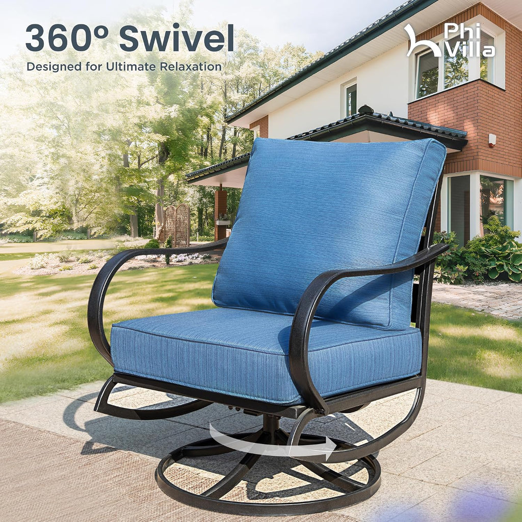 PHI VILLA 6 Piece Patio Furniture Sets with 1 x 3-Seat Wide Deep Seating Bench, 2 x Swivel Cushioned Sofa Chairs, 2 x Leg Sofa & 1 x Coffee Table, Outdoor Furniture Set for 7 Person, Peacock Blue
