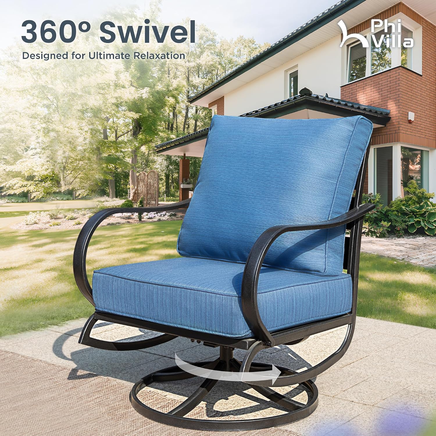 PHI VILLA 7 PCS Patio Furniture Set,Metal Outdoor Furniture with 1x 3 Seater Cushioned Deep Seating Bench Sofa, 2 Swivel Chair, 2 x Leg Chairs & 2 Ottoman for 7 Person, Peacock Blue