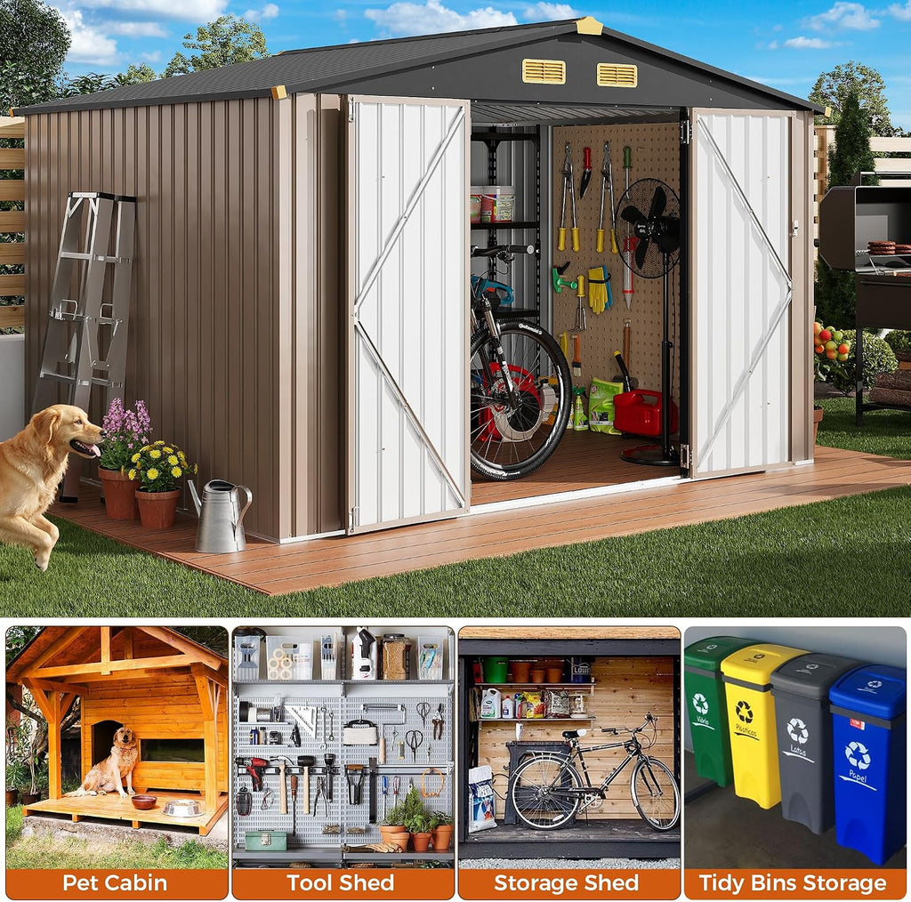 IRONCK 10x8FT Outdoor Storage Shed with Breathable Vent, 9.4x7.3FT Base Galvanized Steel Metal Tool Shed with Lockable Doors for Yard Bins/Generator/Wheelbarrow Garden Storage, Brown